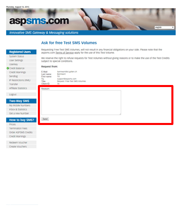 Request Free Test SMS Volumes